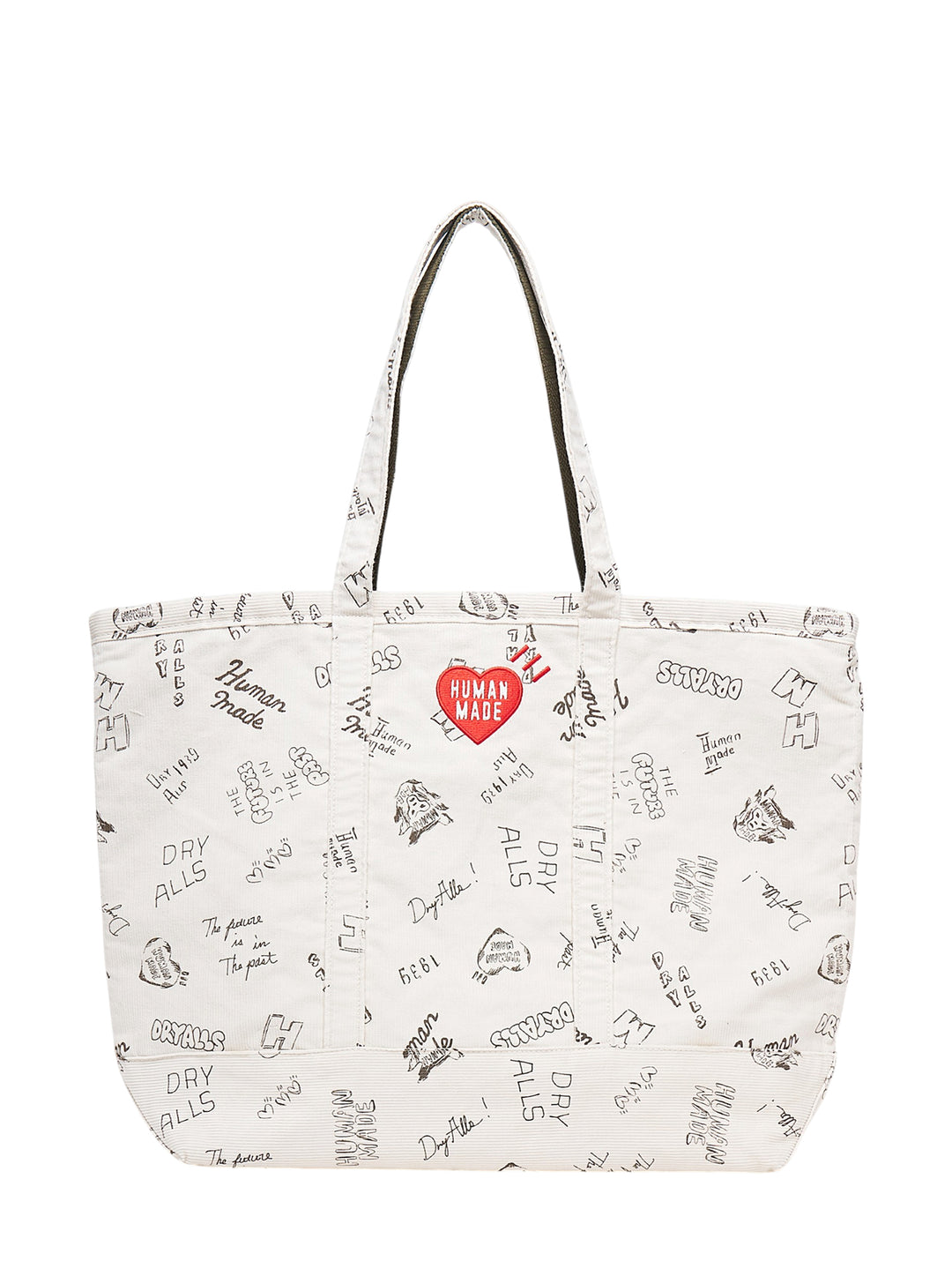 Human Made ivory corduroy tote bag with all-over hand-drawn Dry Alls graphics and an embroidered red heart logo