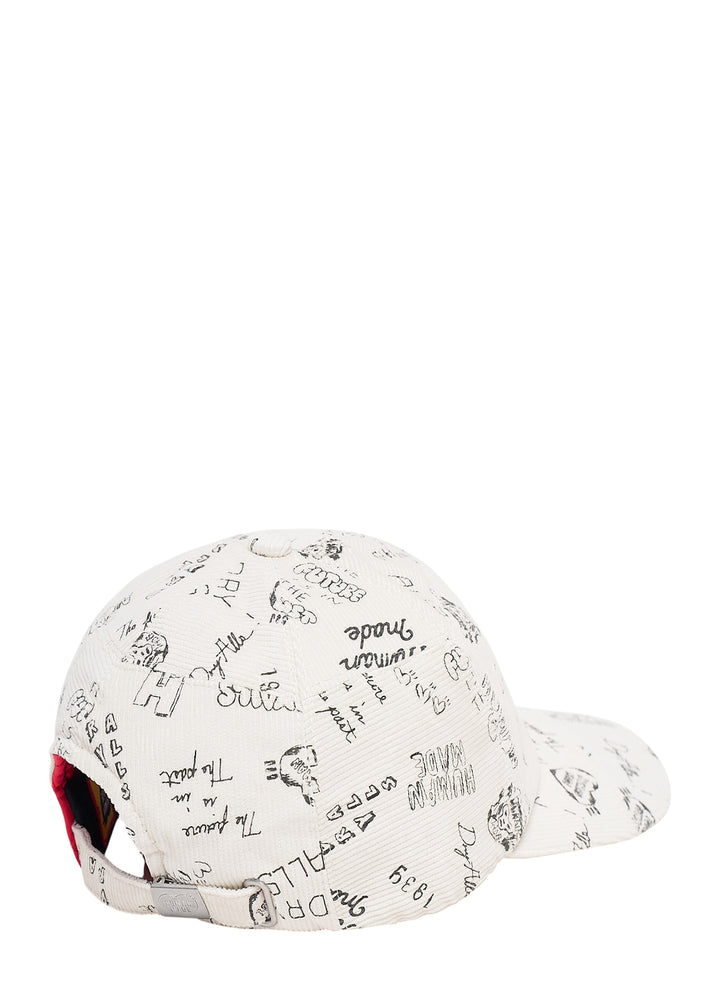 Human Made cream corduroy six-panel cap with all-over black hand-drawn graphics and slogans, shown from the back with adjustable strap