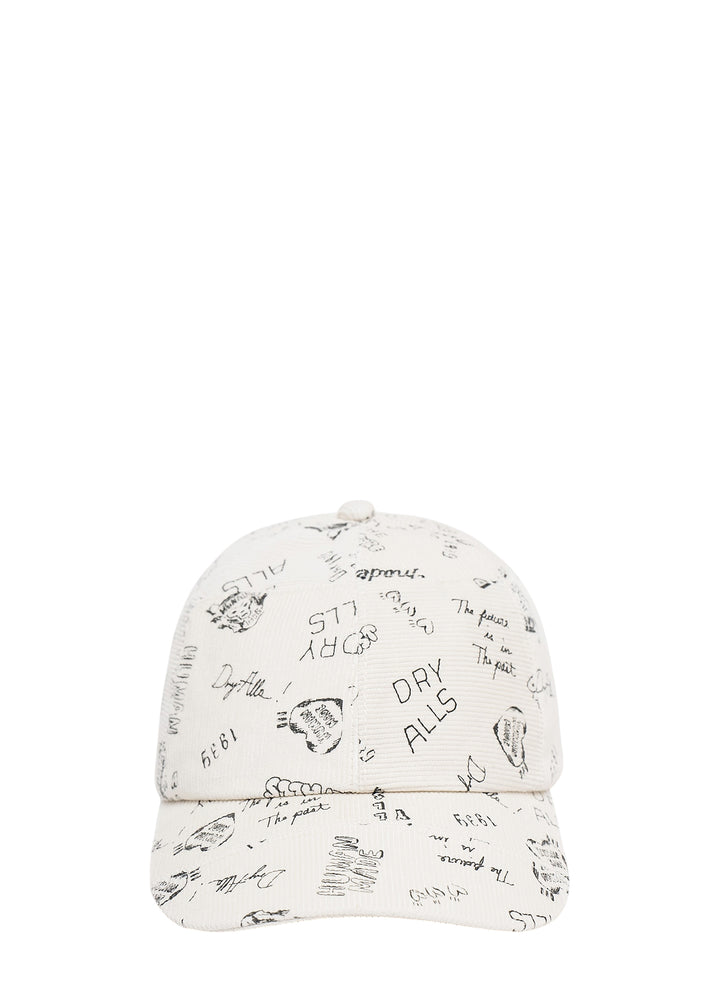 Human Made cream corduroy six-panel cap with all-over black hand-drawn graphics and slogans, shown from the back with adjustable strap - view 2