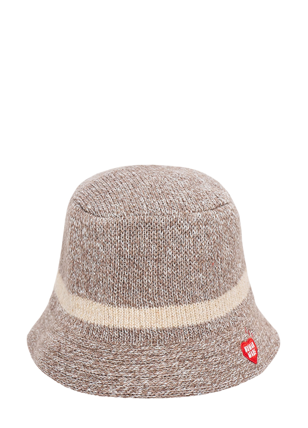 Human Made Crusher Hat in heathered brown knit with a cream stripe and a red embroidered heart logo on the brim