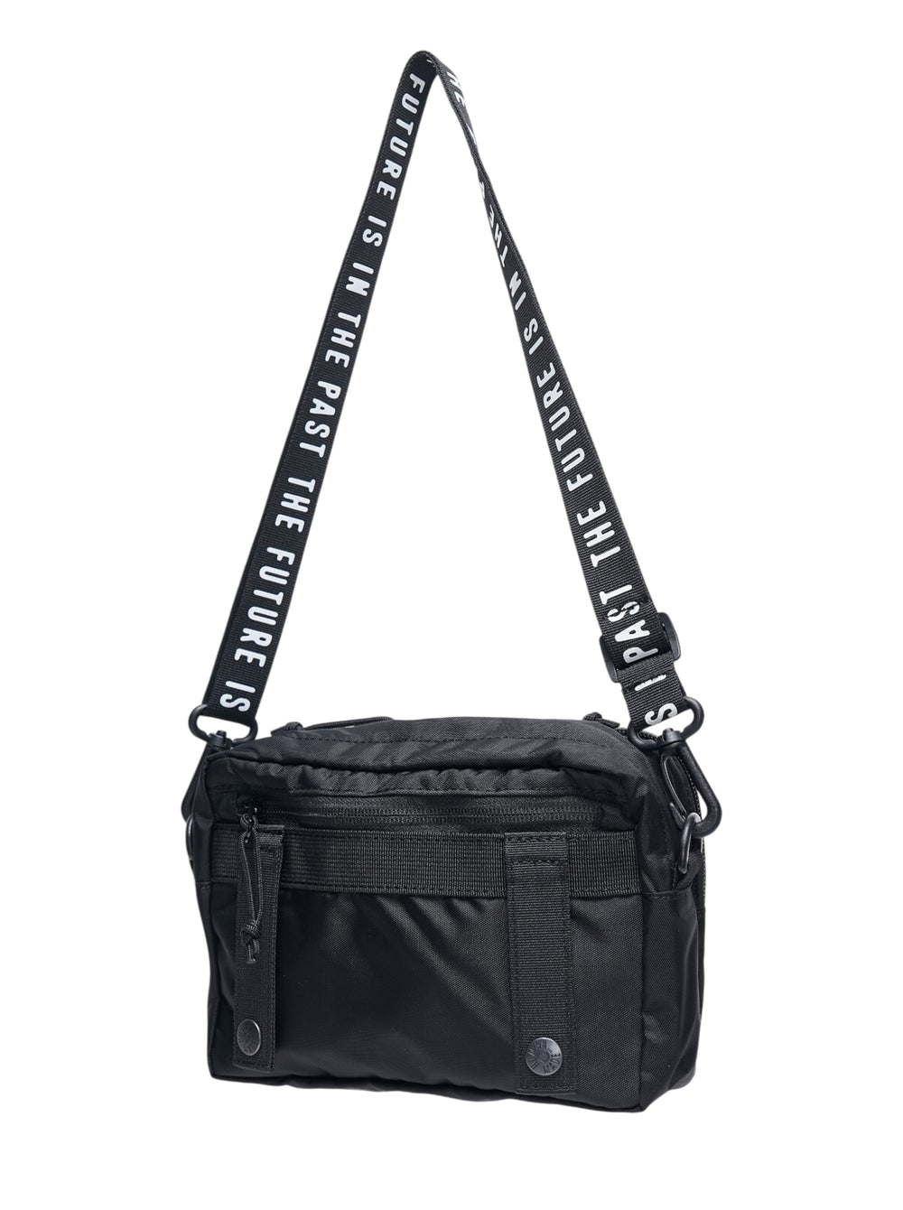 Human Made Military Shoulder Pouch in black nylon with MOLLE webbing straps, embroidered Human Made branding on front band, and adjustable crossbody strap with The Future Is In The Past text print - view 2