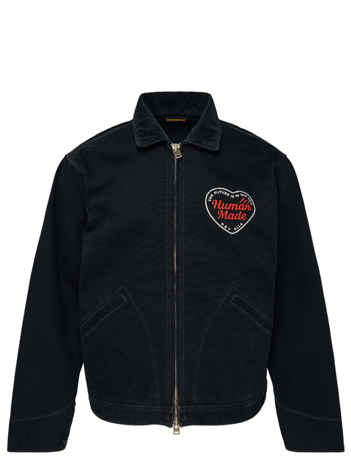 Human Made black zip-up work jacket with corduroy collar, brass two-way zip and embroidered red and white heart logo patch on the chest