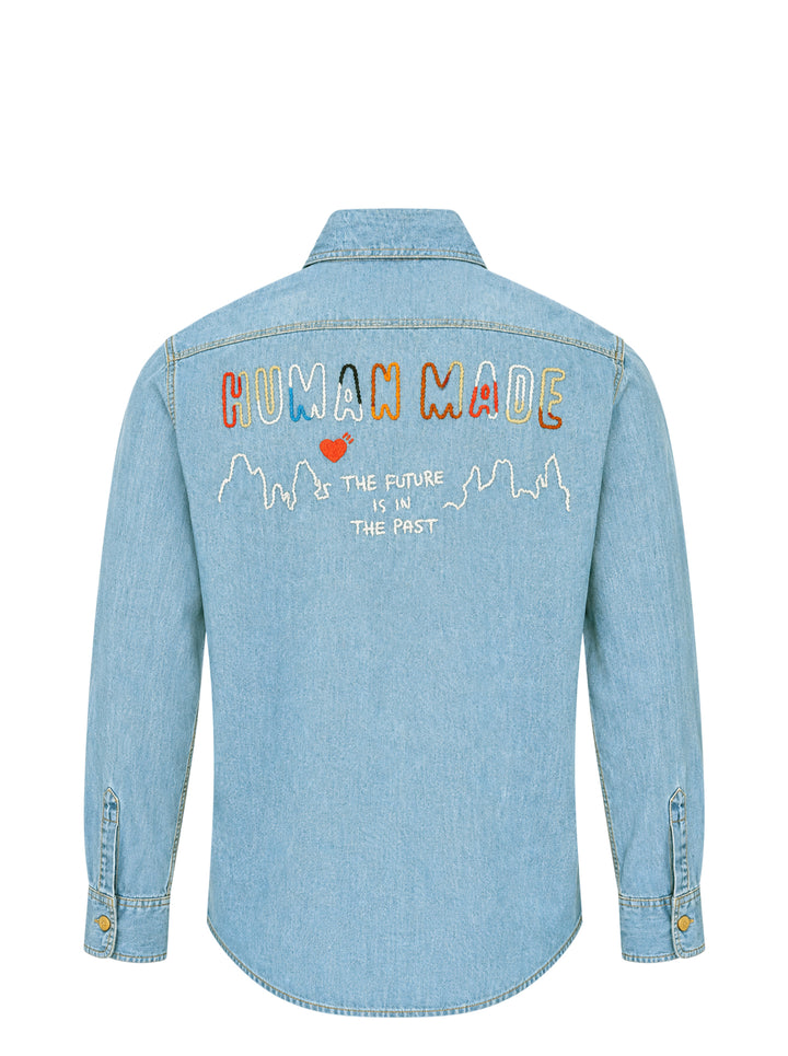 Human Made Embroidered Long Sleeve Chambray Shirt in light-wash denim, featuring a flying duck and deer head embroidery above dual chest pockets, with amber buttons and Human Made script embroidery - view 2