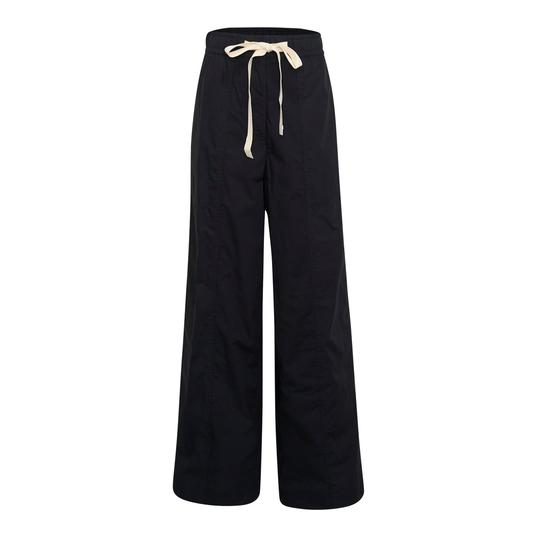 Lee Mathews Poplin Wide Leg Pants in black with cream drawstring waistband, featuring a relaxed wide-leg silhouette and centre-front seam detail