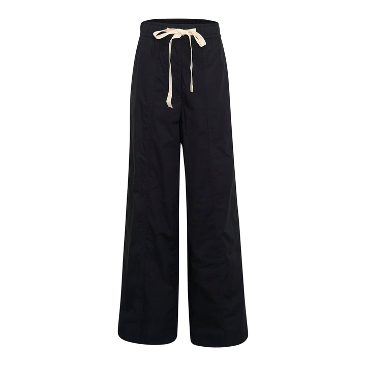 Lee Mathews Poplin Wide Leg Pants in black with cream drawstring waistband, featuring a relaxed wide-leg silhouette and centre-front seam detail