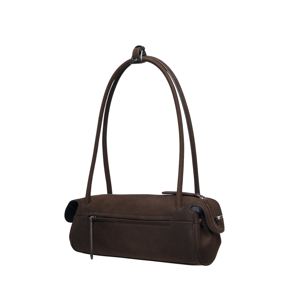 Open YY Ombre Corgi Small handbag in dark brown pebbled leather, featuring a looped tubular shoulder strap gathered through a central ring, silver-tone zip closure, and buckle side hardware - view 2