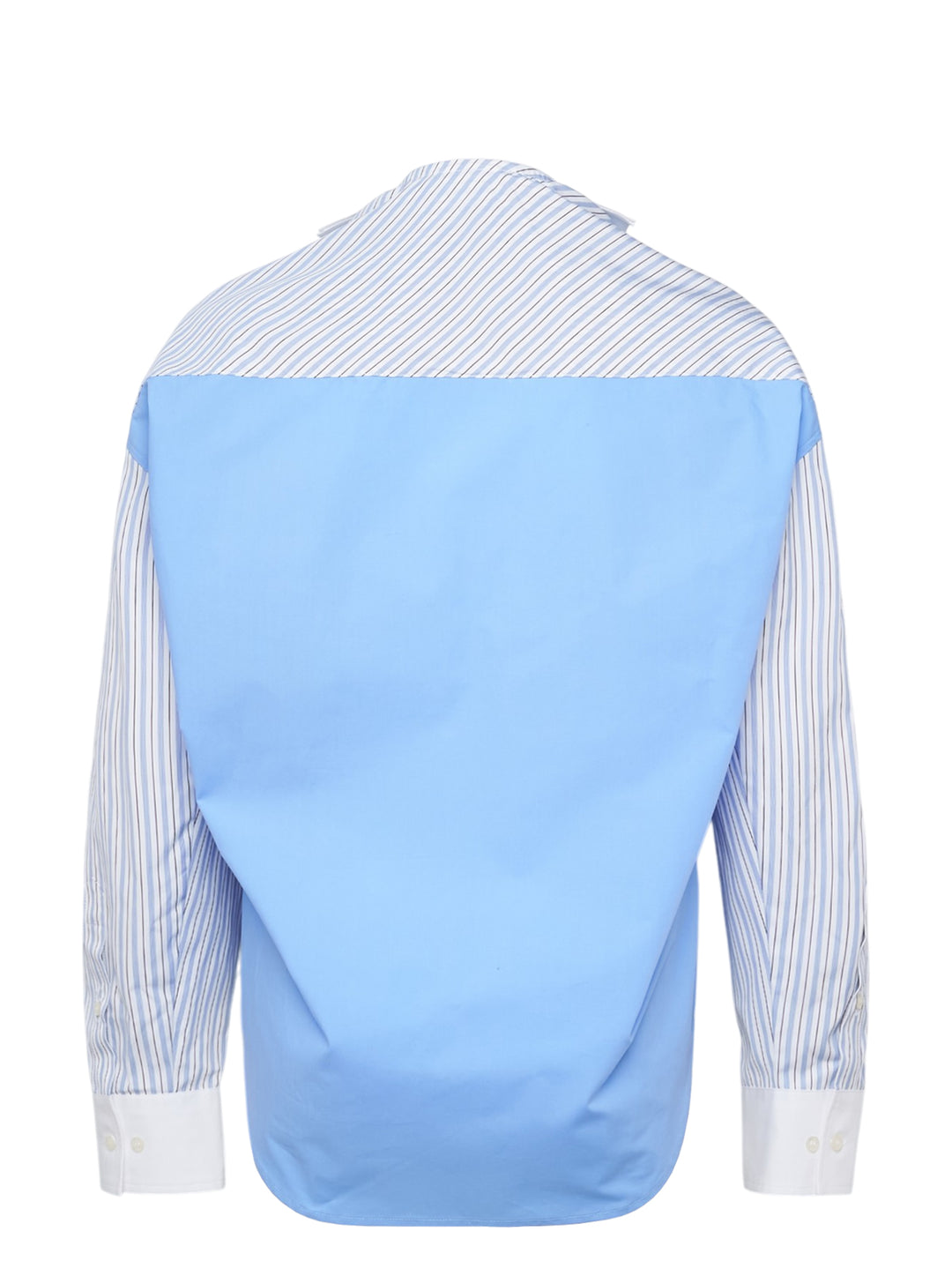 MSGM ruffle-front patchwork shirt with sky-blue shoulder panels, fine-striped sleeves, and a white poplin gathered ruffle bib with button fastening - view 2