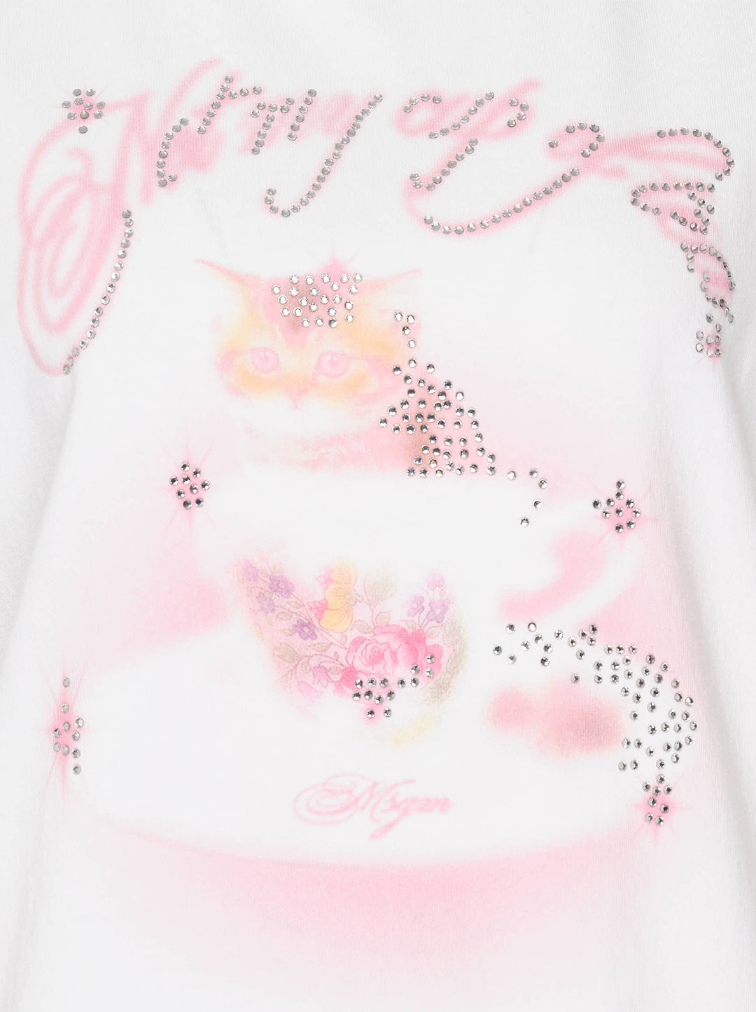 MSGM white oversized crew-neck tee featuring an airbrushed pink cat-in-a-teacup graphic with rhinestone crystal embellishments and MSGM script lettering - view 4