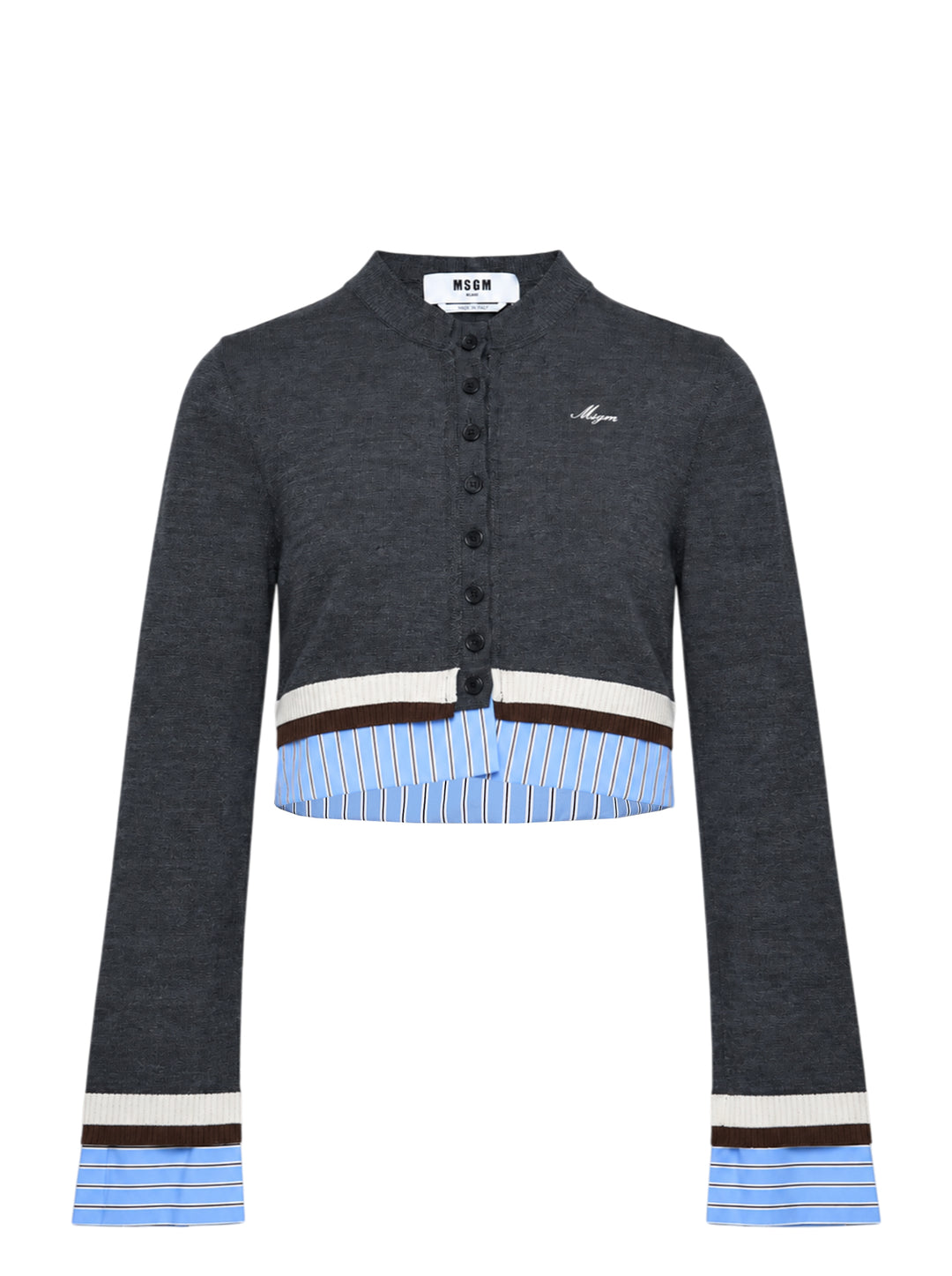 MSGM cropped charcoal knit cardigan with button-through front, contrast pale blue pinstripe shirting panels at hem and cuffs, and cream and dark brown stripe trim