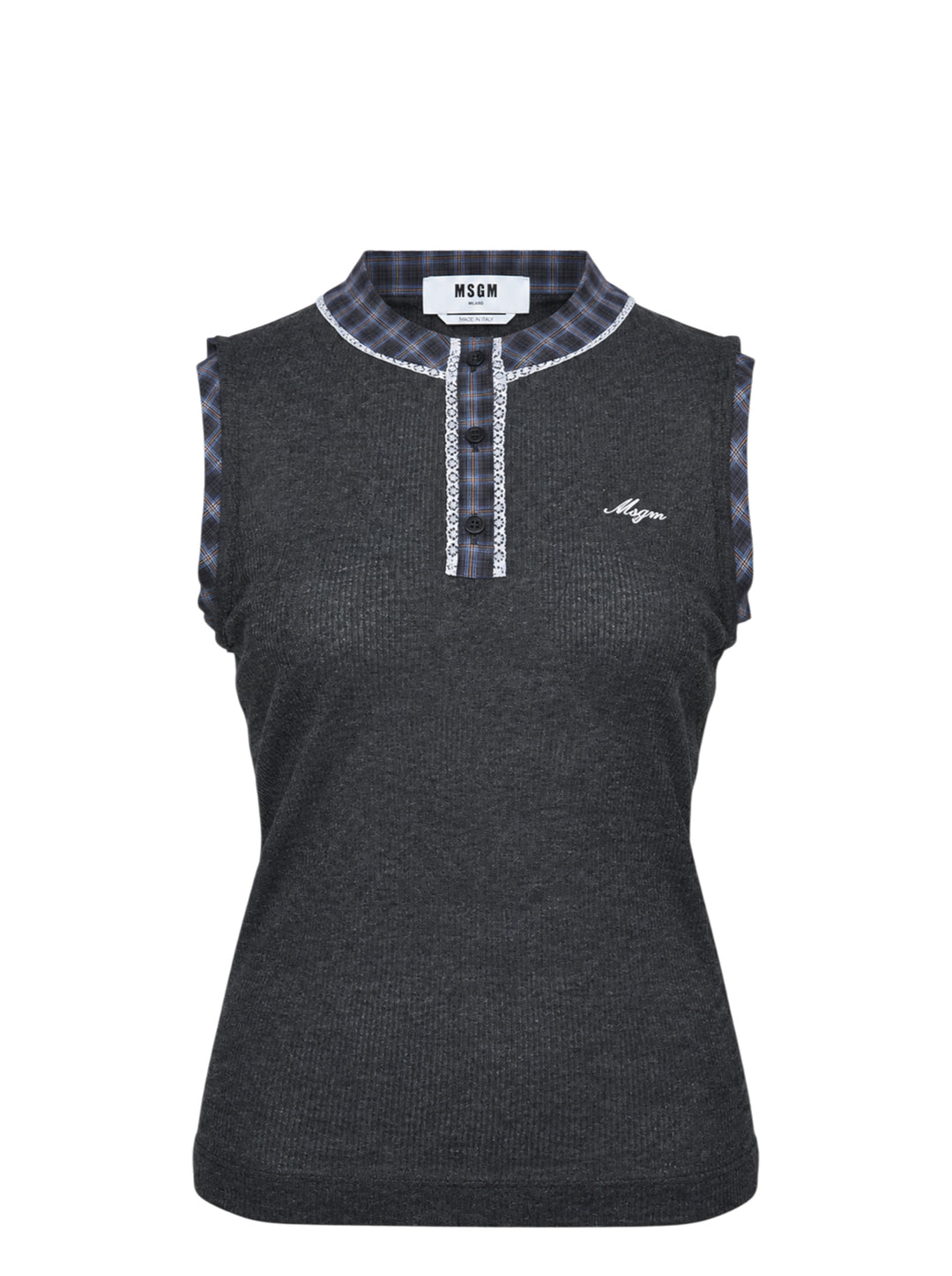 MSGM charcoal fine-knit sleeveless tank top with plaid checkered collar and shoulder trims, lace-edged button placket, and embroidered script logo on the chest