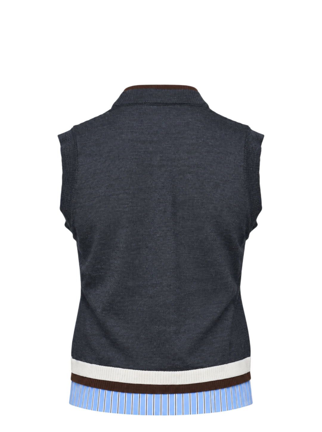 MSGM charcoal grey sleeveless knit vest with dark brown mock neck trim, trompe-l'œil striped shirting hem detail, and embroidered MSGM script logo at the front hem - view 2