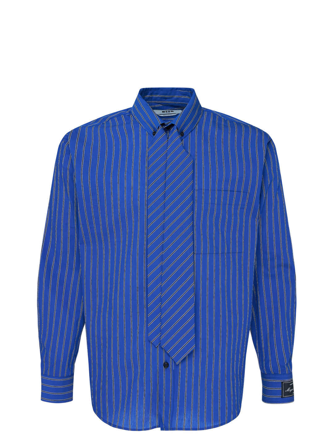MSGM cobalt blue vertical-stripe oversized long sleeve shirt with an attached diagonal-stripe necktie integrated at the placket, featuring a button-down collar and branded cuff label