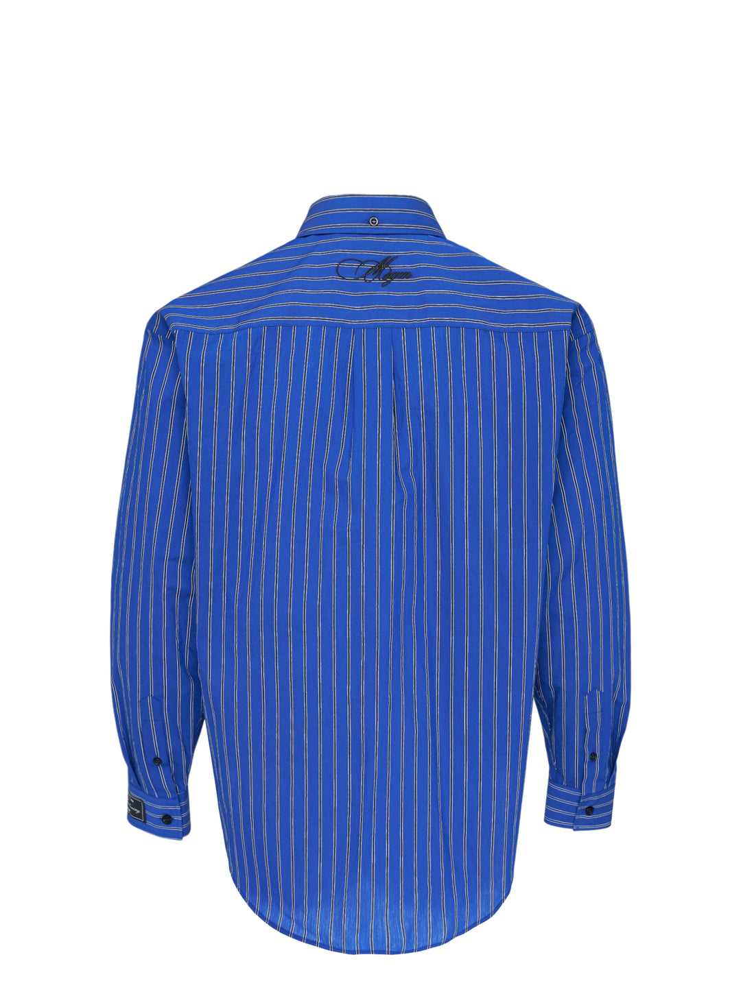 MSGM cobalt blue vertical-stripe oversized long sleeve shirt with an attached diagonal-stripe necktie integrated at the placket, featuring a button-down collar and branded cuff label - view 2