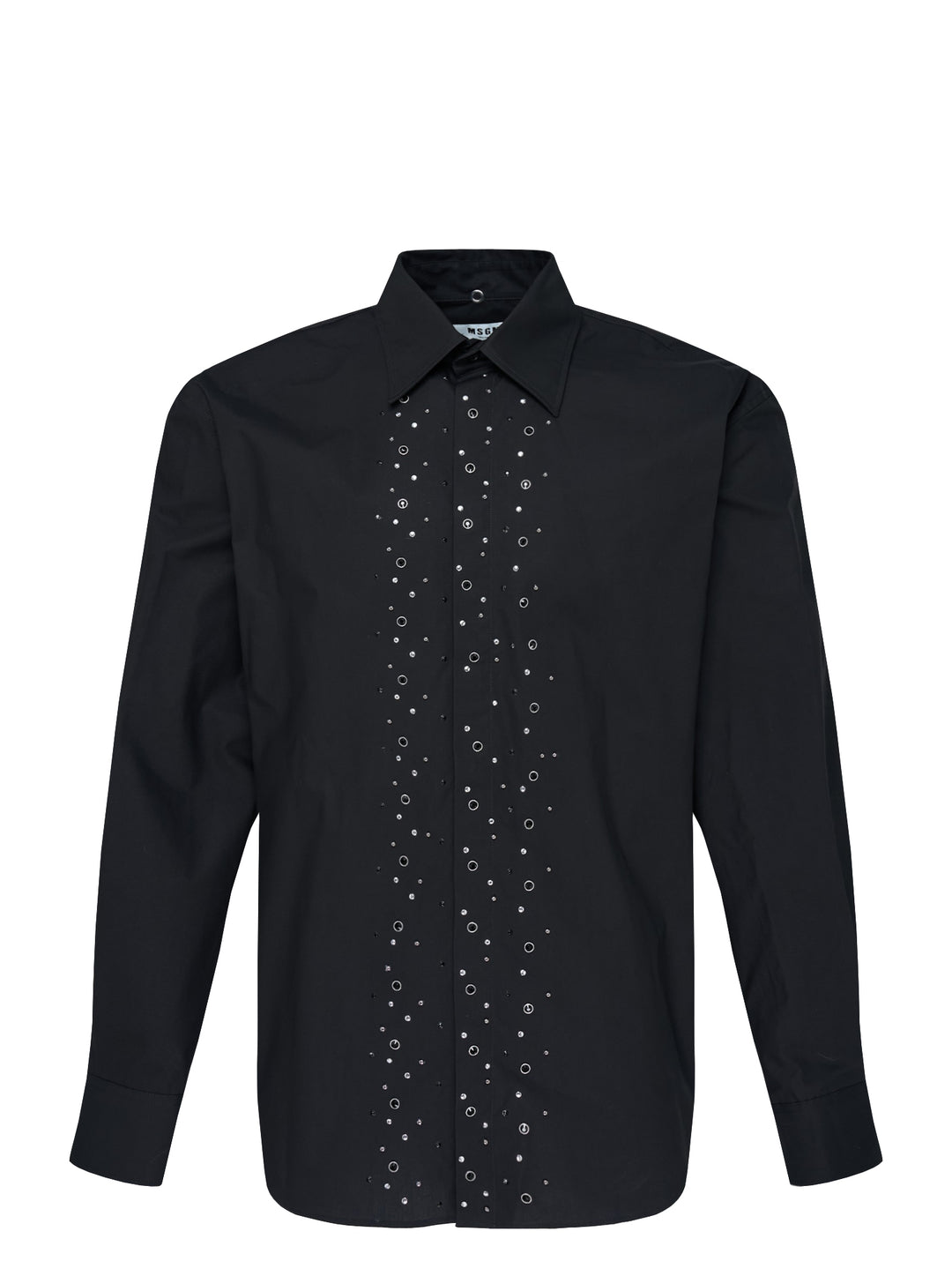 MSGM black long sleeve shirt with crystal studs and silver eyelets embellished down the front placket, featuring a pointed collar and concealed button fastening