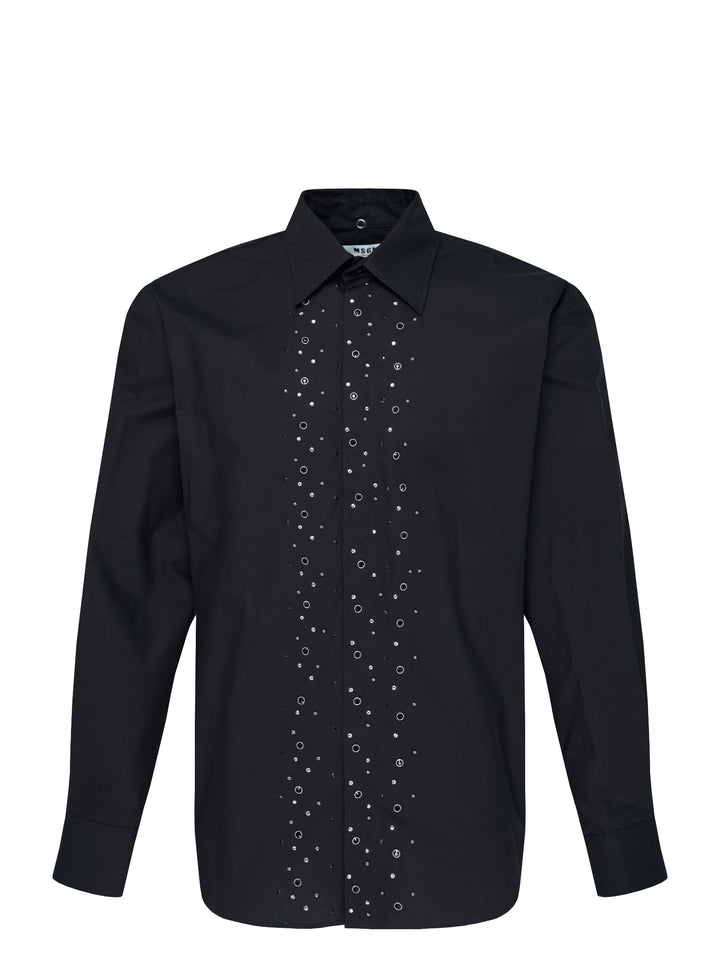 MSGM black long sleeve shirt with crystal studs and silver eyelets embellished down the front placket, featuring a pointed collar and concealed button fastening