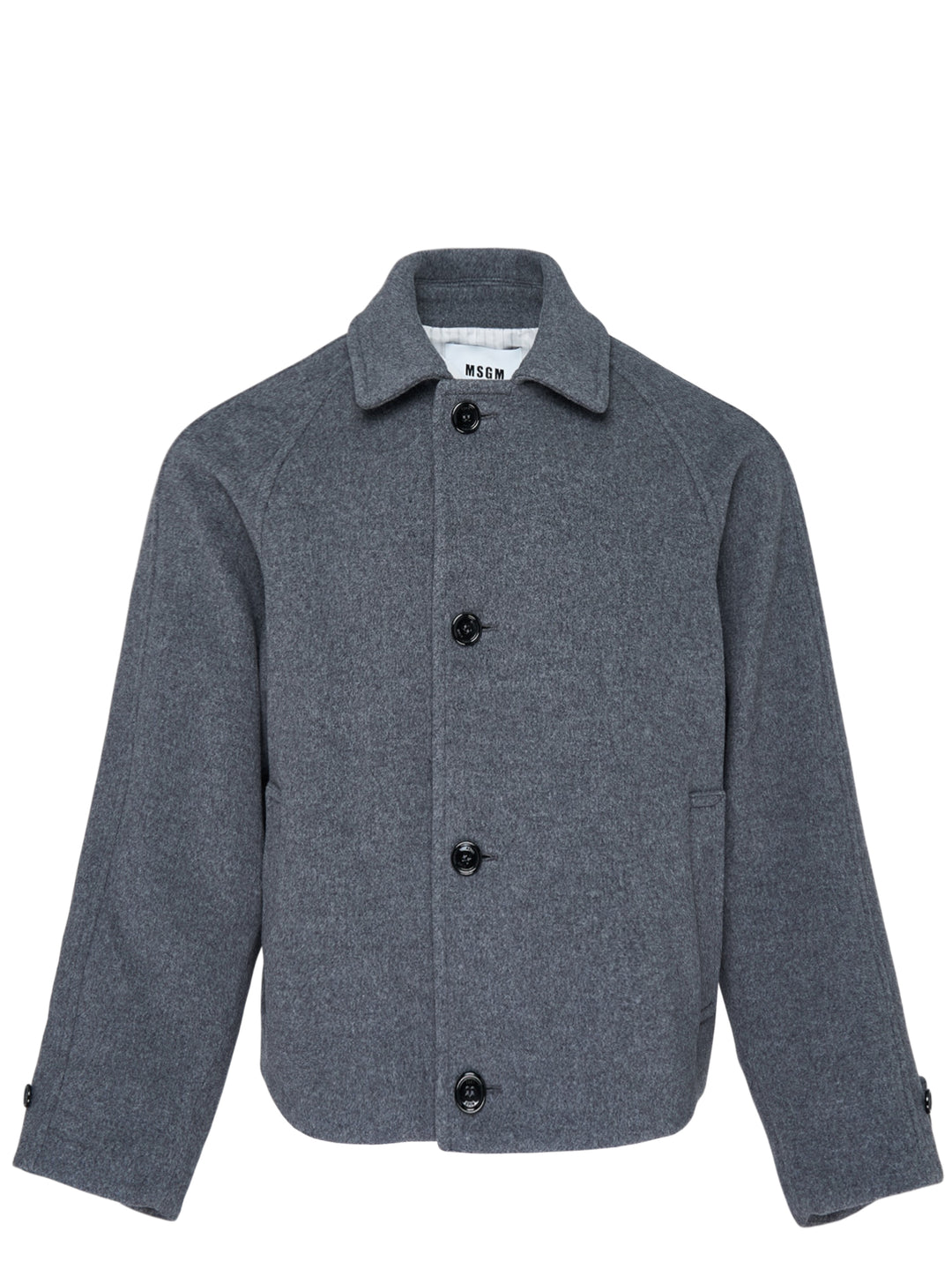 MSGM Raglan Wool Jacket in heather grey, featuring a button-through front, spread collar, raglan sleeves, and patch pocket, displayed on a white background