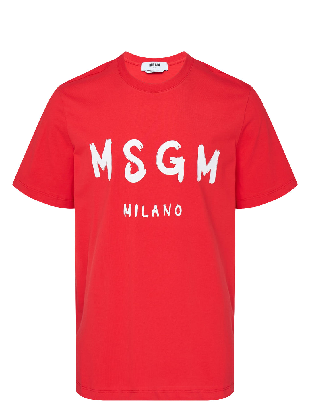 MSGM red cotton short sleeve tee with oversized white brushstroke logo and Milano text printed across the chest