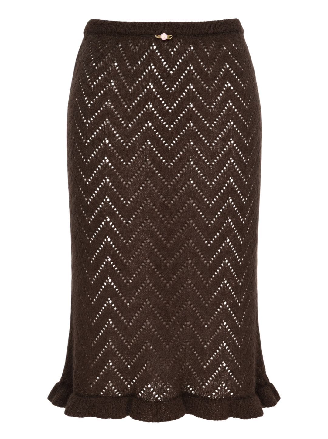 MSGM dark brown chevron pointelle knit midi skirt with ribbed waistband, pearl pin detail, and fluted ruffle hem trim, shown flat on white background