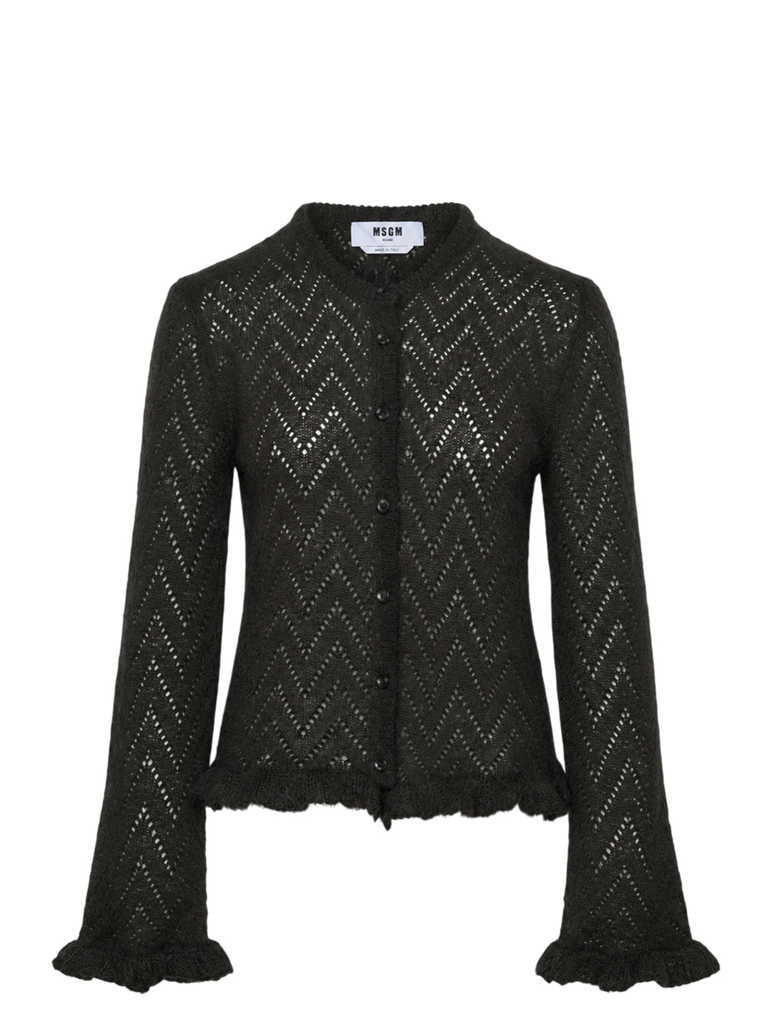MSGM black chevron pointelle knit cardigan with button-front closure, flared bell sleeves with ruffle cuffs, and frayed ruffle hem trim