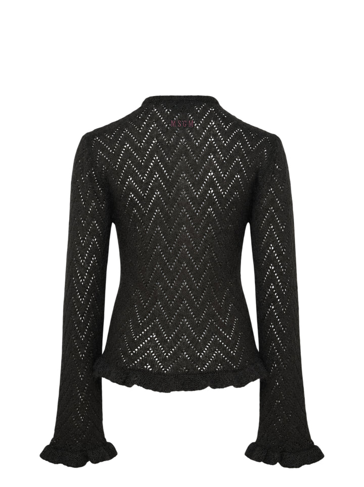 MSGM black chevron pointelle knit cardigan with button-front closure, flared bell sleeves with ruffle cuffs, and frayed ruffle hem trim - view 2