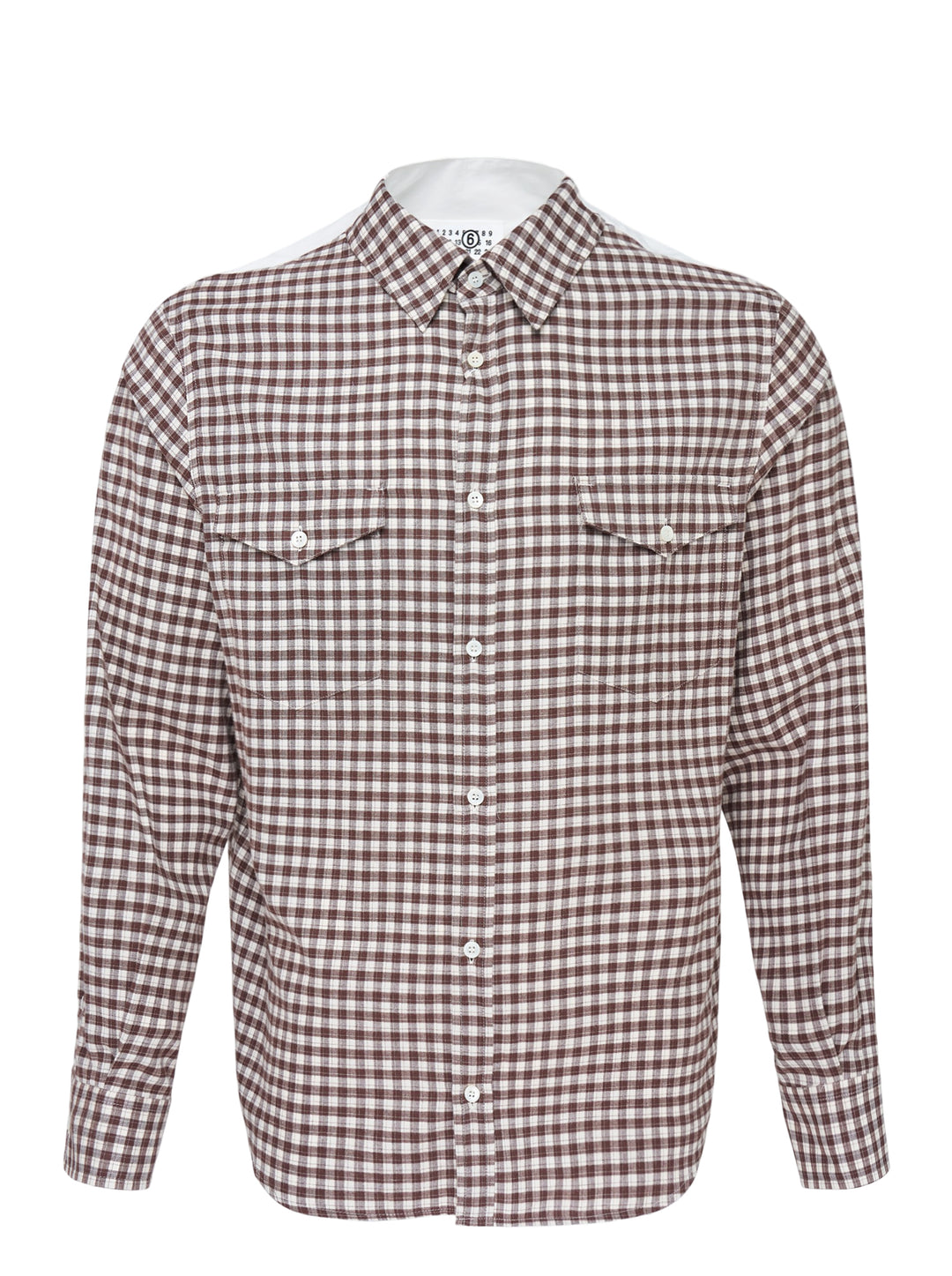 MM6 Maison Margiela long sleeve brown and white checkered shirt with flap chest pockets and white back panel