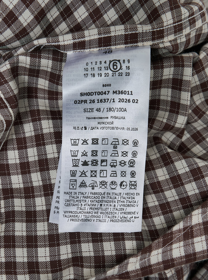 MM6 Maison Margiela long sleeve brown and white checkered shirt with flap chest pockets and white back panel - view 3