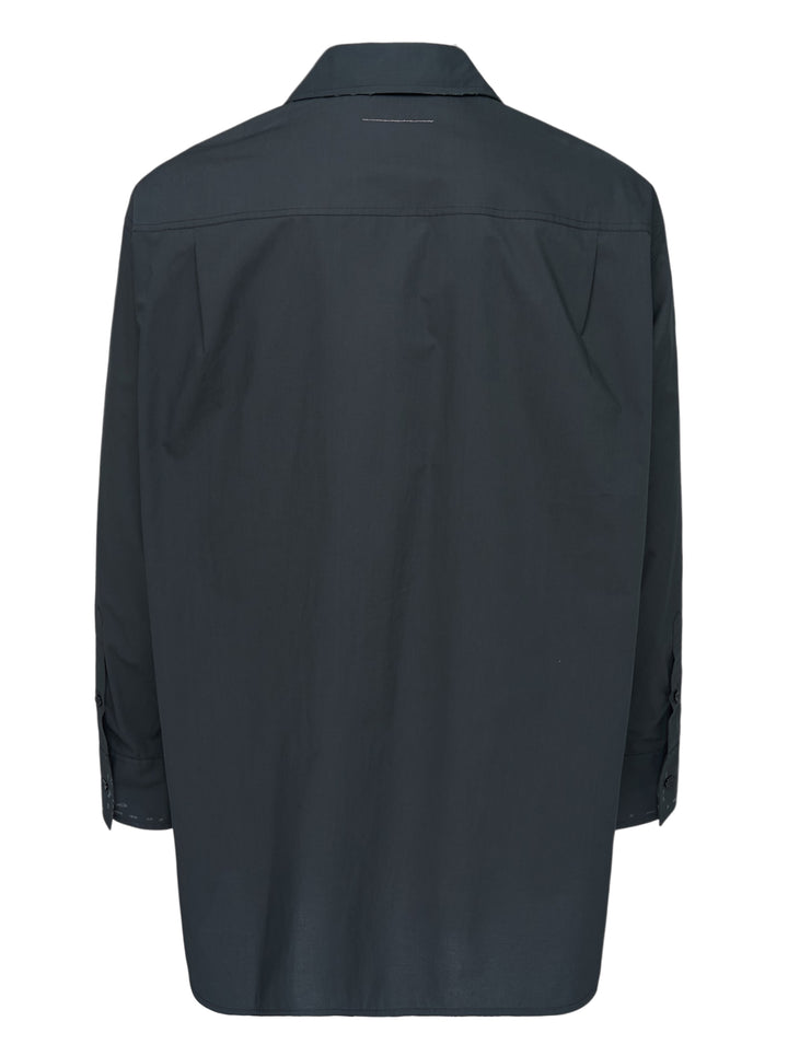 MM6 Maison Margiela long sleeve cotton poplin shirt in charcoal with distressed paint-effect trim and embroidered chest pocket, front view - view 2