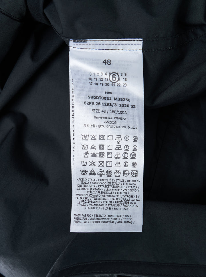MM6 Maison Margiela long sleeve cotton poplin shirt in charcoal with distressed paint-effect trim and embroidered chest pocket, front view - view 3