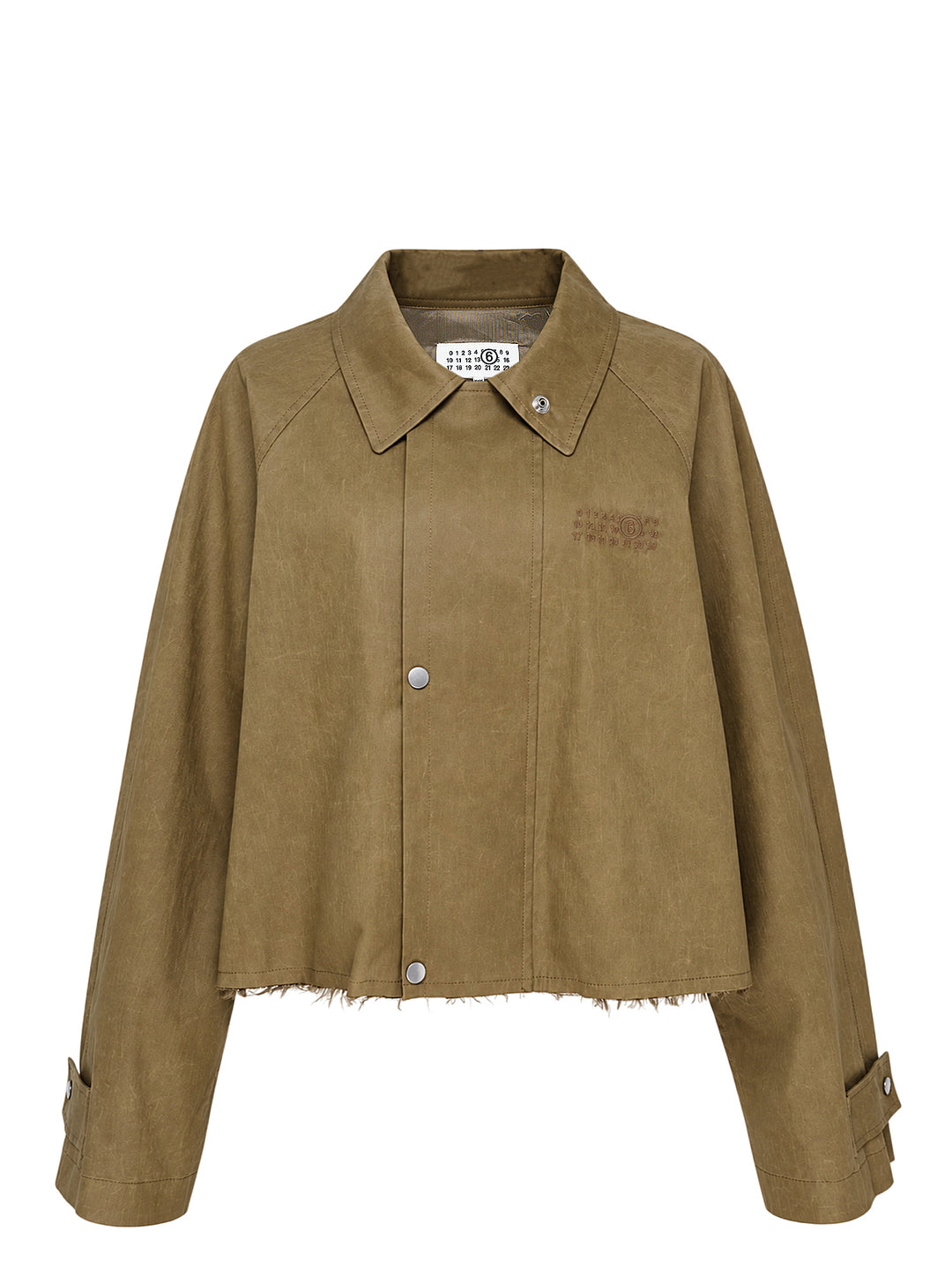 MM6 Maison Margiela cropped khaki coated trench jacket with raglan sleeves, snap front closure, pointed collar and raw frayed hem