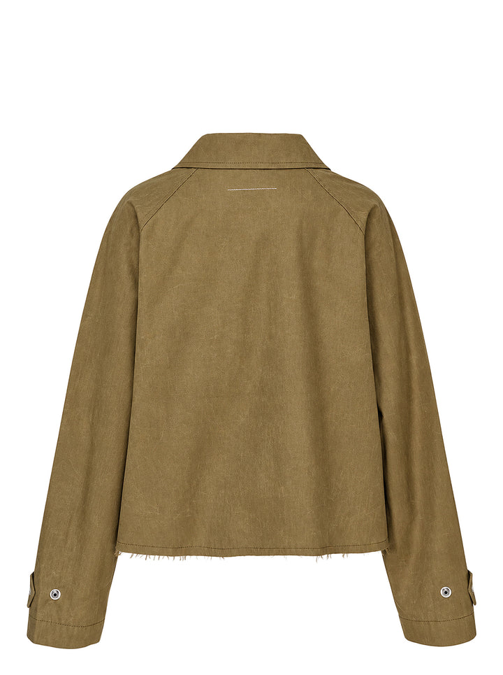 MM6 Maison Margiela cropped khaki coated trench jacket with raglan sleeves, snap front closure, pointed collar and raw frayed hem - view 2