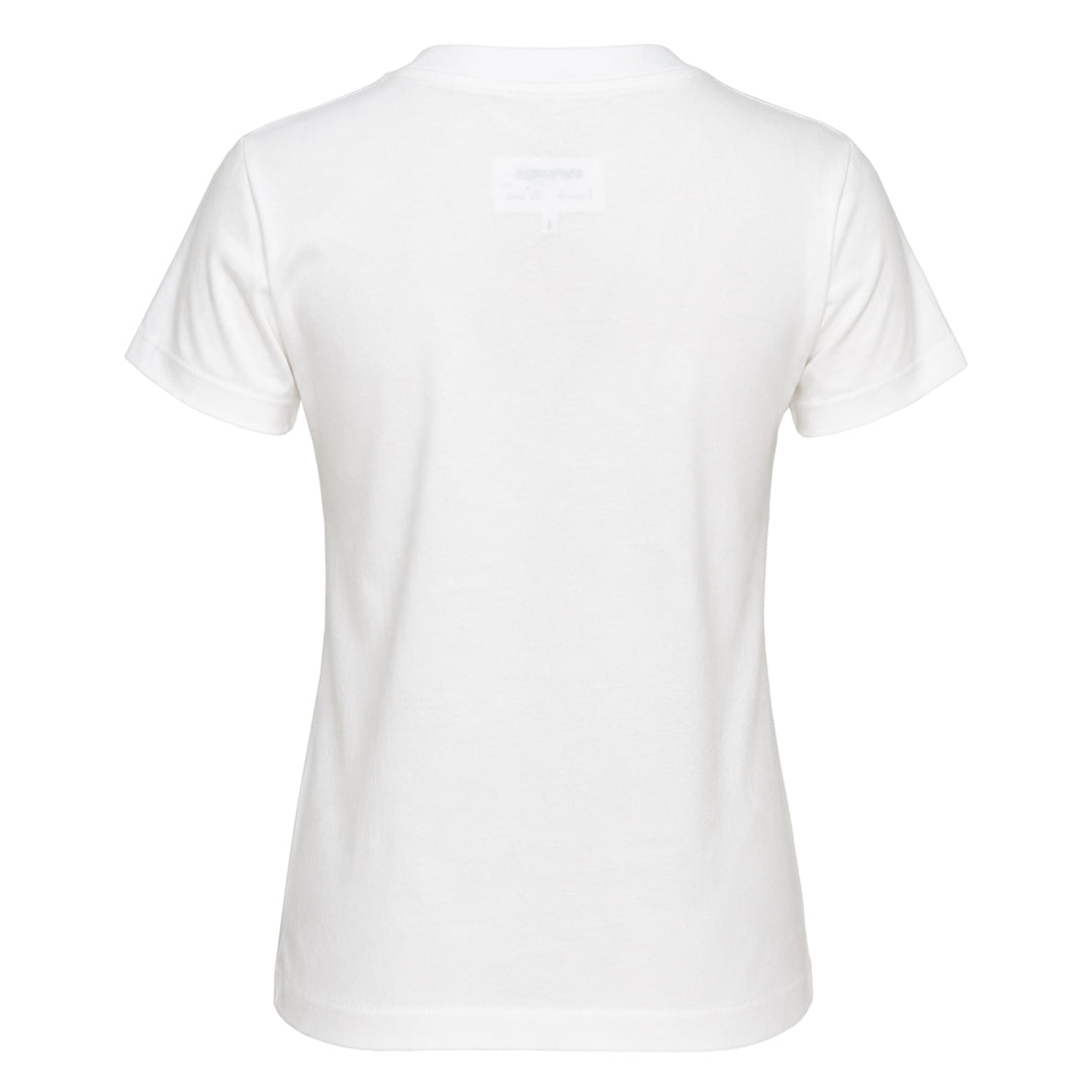 MM6 Maison Margiela white heavy cotton jersey tee featuring playful sticker-style printed graphics including a green MM6 logo, red heart, black smiley circle, vintage badge, and numbered label motifs