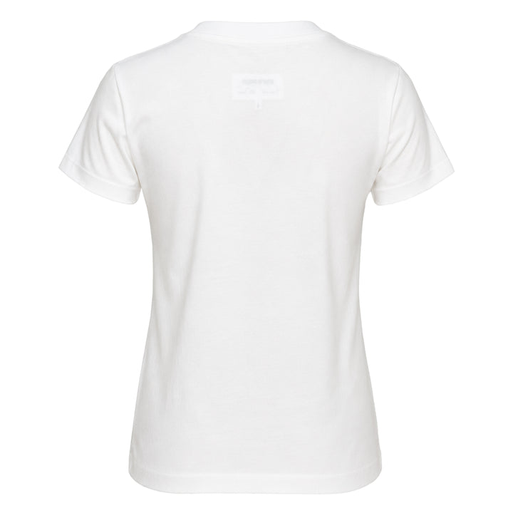 MM6 Maison Margiela white heavy cotton jersey tee featuring playful sticker-style printed graphics including a green MM6 logo, red heart, black smiley circle, vintage badge, and numbered label motifs