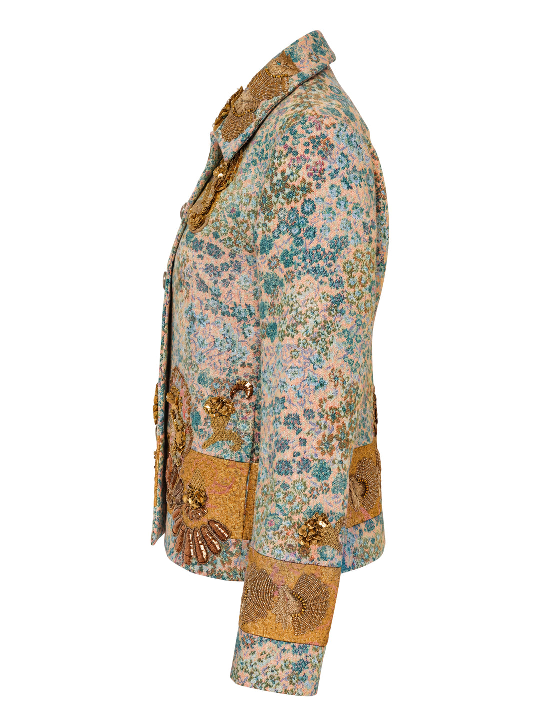 Dries Van Noten lightweight floral jacquard jacket in teal and blush with gold sequin and beaded embroidery, button front and gold brocade hem and cuffs - view 4