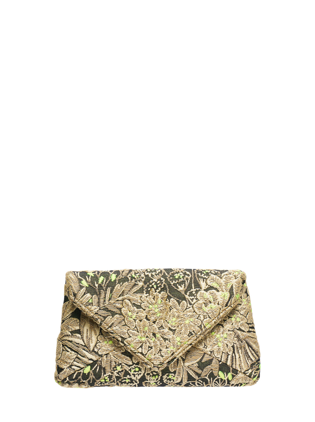Dries Van Noten small floral brocade envelope crossbody bag with braided gold chain strap, featuring gold and neon-green botanical embroidery on a dark jacquard ground - view 4