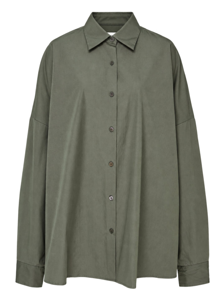 Dries Van Noten oversized cocoon shirt in olive green with pointed collar, dropped shoulders, long voluminous sleeves and button-front closure