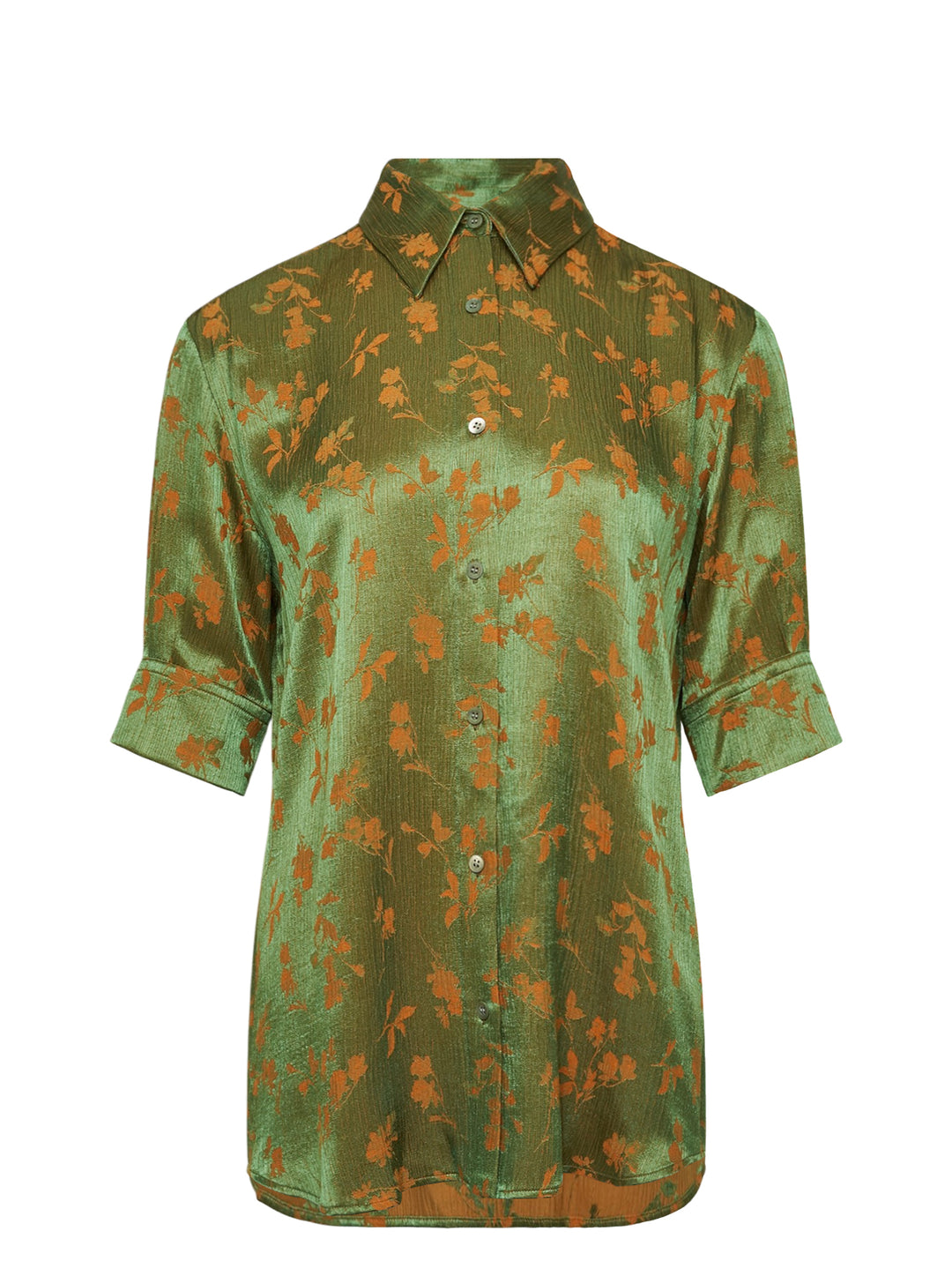 Dries Van Noten short sleeve shirt in olive green satin with all-over orange floral jacquard print, button front and folded cuffs