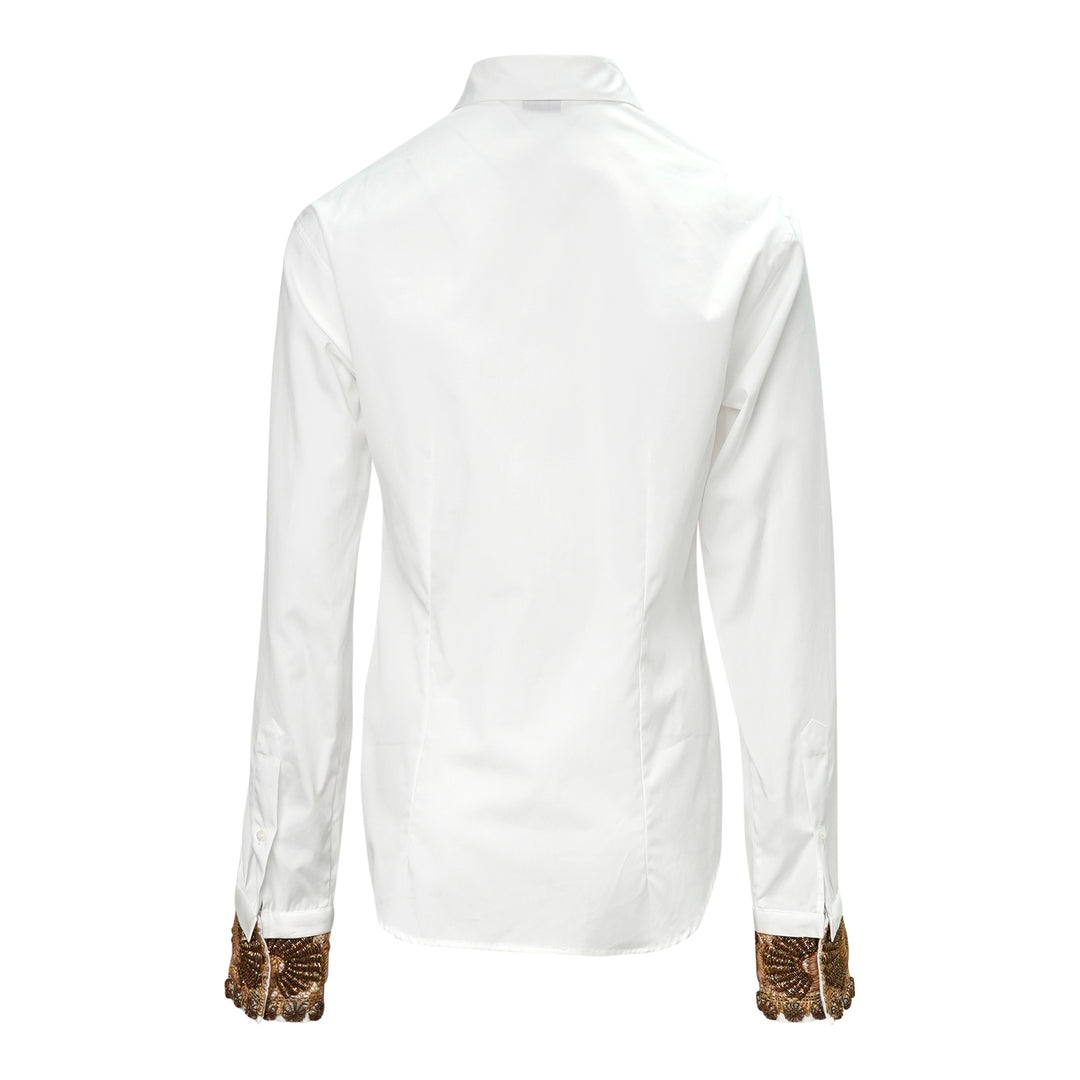 Dries Van Noten white long-sleeve blouse with ornate gold beaded and embroidered cuffs, front view on a ghost mannequin - view 2