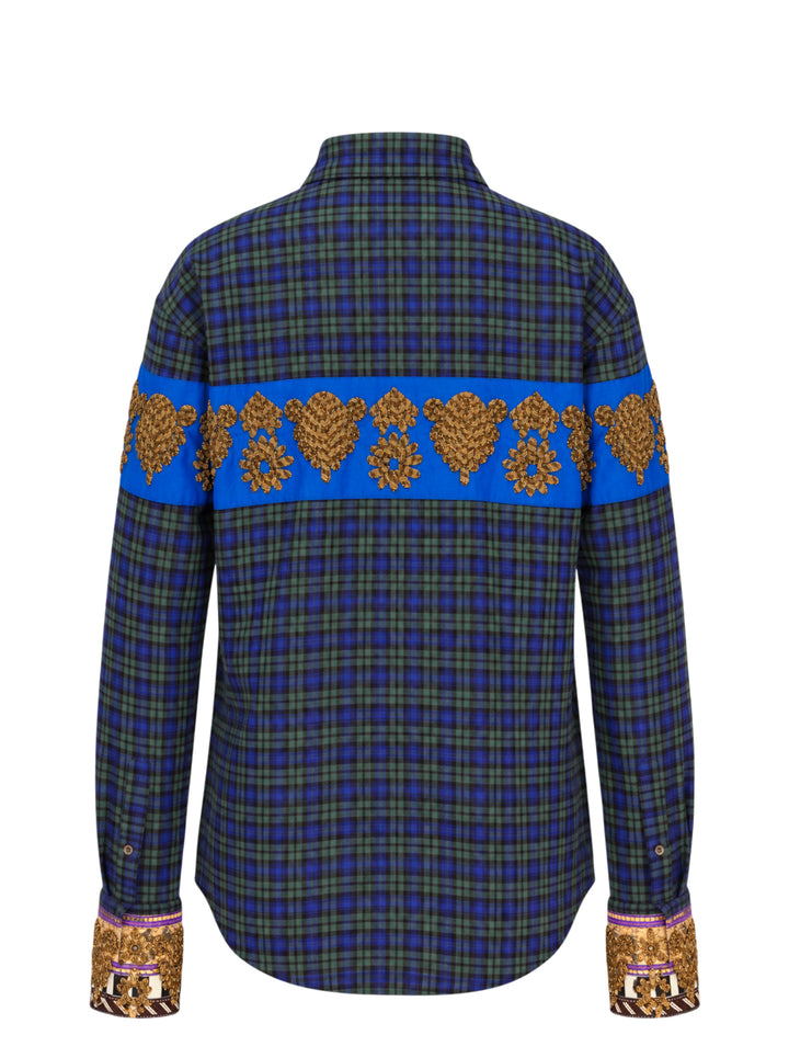 Dries Van Noten blue and green brushed flannel check shirt with cobalt chest band, gold embroidered motifs and embellished cuffs - view 2