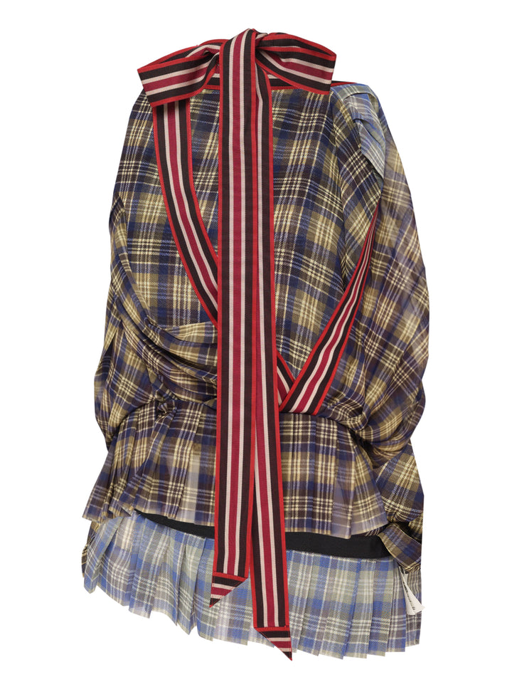 Dries Van Noten asymmetrical pleated top in sheer navy, olive and cream plaid with draped wrap front and striped ribbon bow at the neckline - view 2
