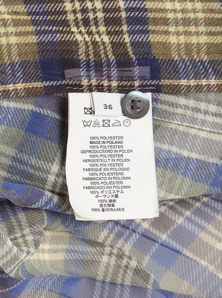 Dries Van Noten asymmetrical pleated top in sheer navy, olive and cream plaid with draped wrap front and striped ribbon bow at the neckline - view 3