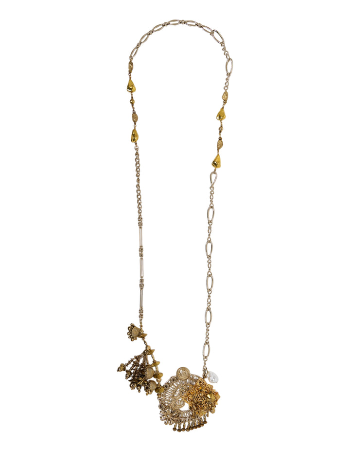 Dries Van Noten handmade long necklace with mixed gold and silver chain, teardrop bead accents, ornate filigree pendant cluster with charm fringe, and a baroque pearl drop, displayed against a white background