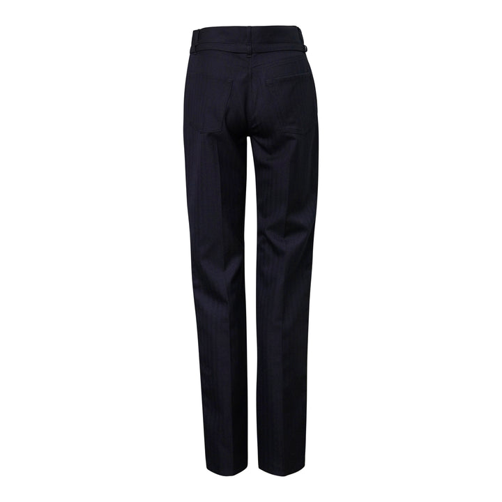 Dries Van Noten navy pleated high-rise trousers with gold contrast stripe along both outer seams and adjustable buckle tab waist closure - view 2