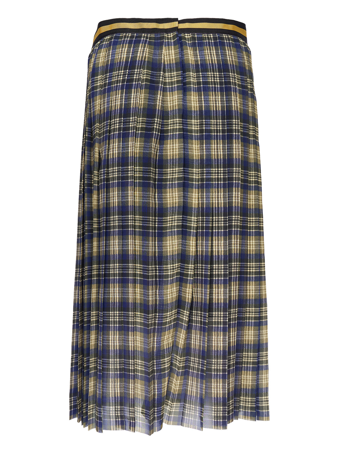 Dries Van Noten pleated midi skirt in navy, olive and cream plaid with a black and gold striped waistband - view 2