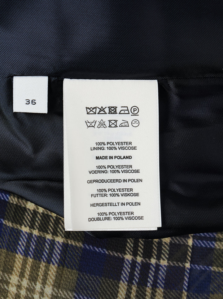 Dries Van Noten pleated midi skirt in navy, olive and cream plaid with a black and gold striped waistband - view 3