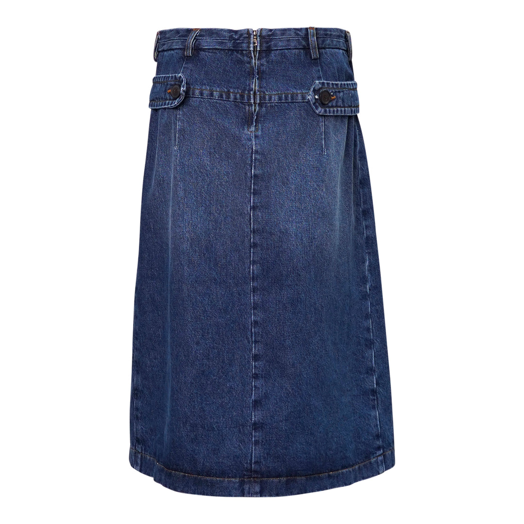 Dries Van Noten indigo wash denim midi skirt with buttoned flap pockets, inverted pleats, and a structured A-line silhouette, photographed flat on a white background - view 2