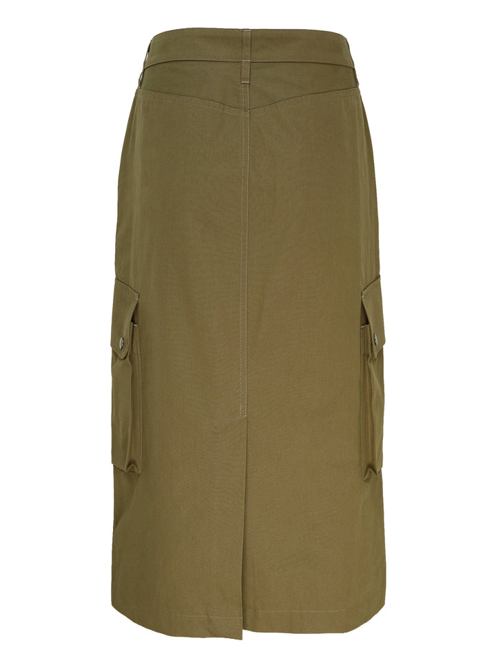 Dries Van Noten olive green straight cargo midi skirt with four snap-button flap pockets, contrast topstitching, and a centre-front vent, on a white background - view 2