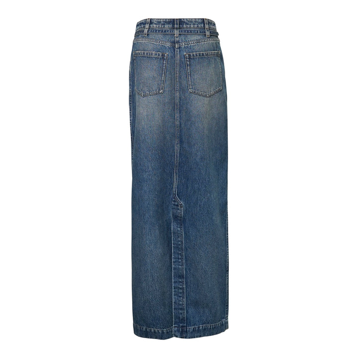 Dries Van Noten straight floor-length mid-blue washed denim skirt with front slit, belted high waist, and five-pocket construction, on a white background - view 2