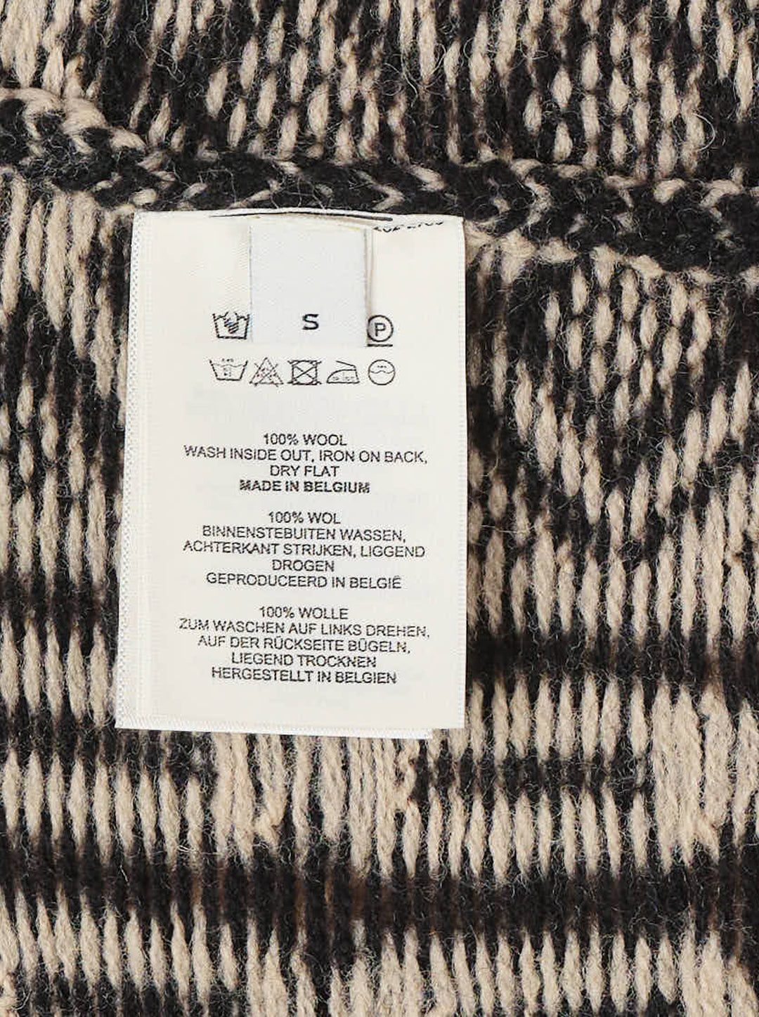 Dries Van Noten zip-front cardigan with cream and black cable and geometric jacquard knit, green striped ribbed high neck and hem - view 3