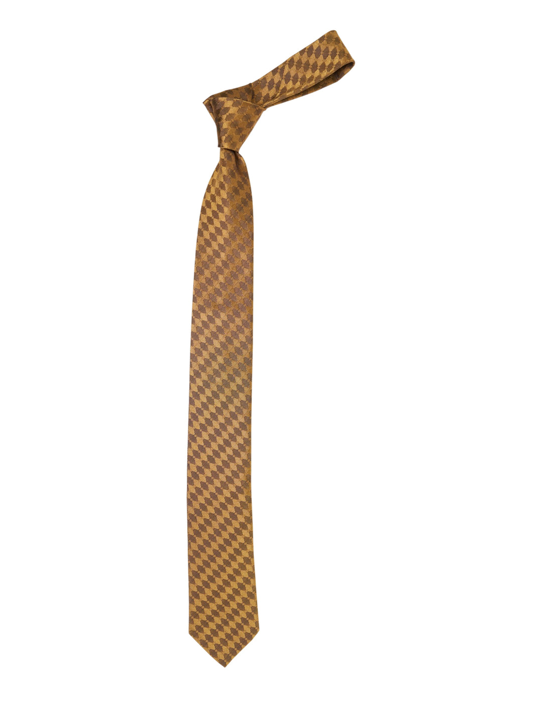 Dries Van Noten diamond check silk tie in amber and brown harlequin jacquard, shown knotted against a white background