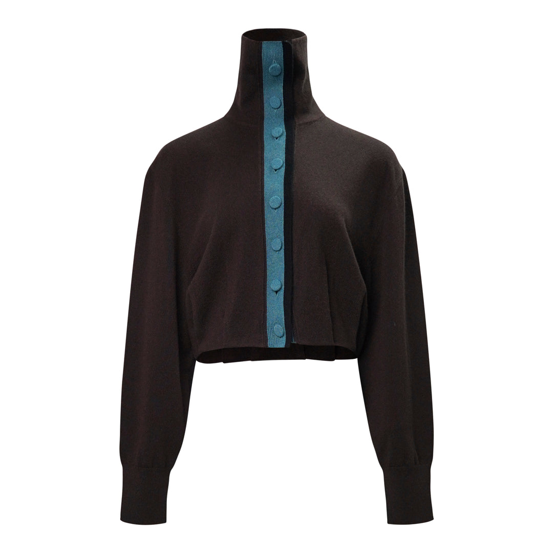 Dries Van Noten Contrast Trim Cardigan in dark brown with a teal ribbed button placket and high funnel neck, cropped silhouette with long sleeves
